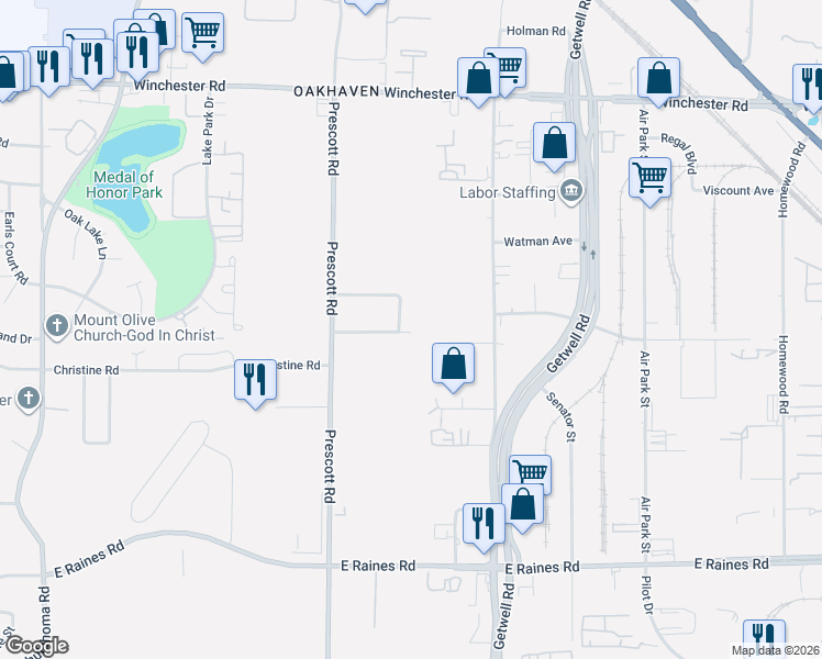 map of restaurants, bars, coffee shops, grocery stores, and more near 3716 Burdan Cove in Memphis