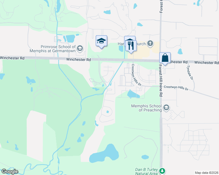 map of restaurants, bars, coffee shops, grocery stores, and more near 3820 Mission Hills Drive in Memphis
