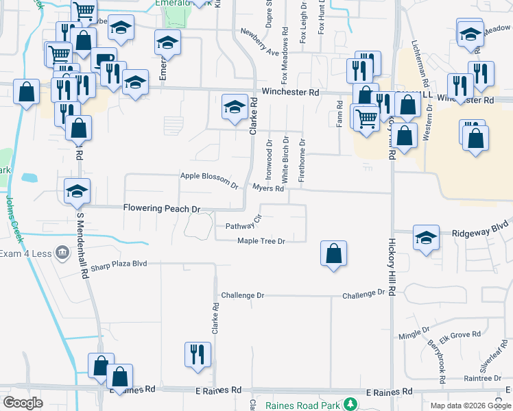 map of restaurants, bars, coffee shops, grocery stores, and more near 3820 Clarke Road in Memphis