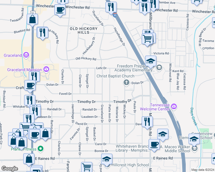 map of restaurants, bars, coffee shops, grocery stores, and more near 3819 Patte Ann Drive in Memphis