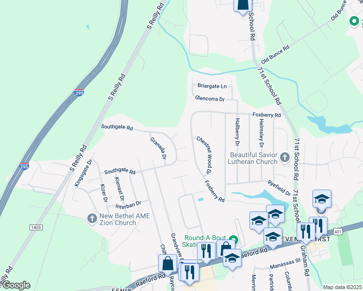 map of restaurants, bars, coffee shops, grocery stores, and more near 1507 Valiant Drive in Fayetteville