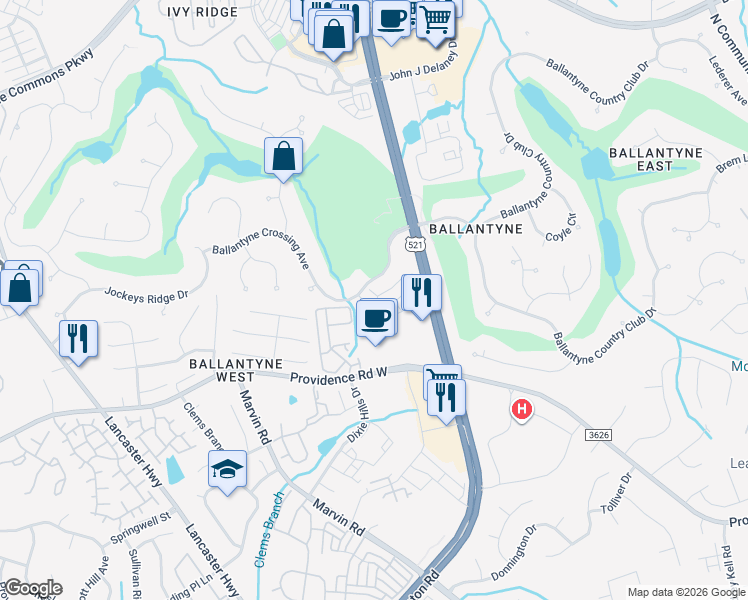 map of restaurants, bars, coffee shops, grocery stores, and more near 14709 Ballantyne Glen Way in Charlotte