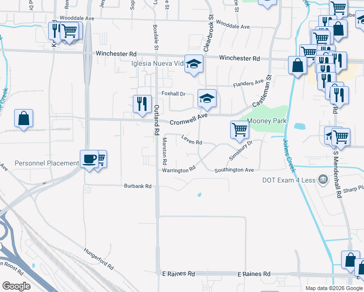 map of restaurants, bars, coffee shops, grocery stores, and more near 3824 Leven Cove in Memphis