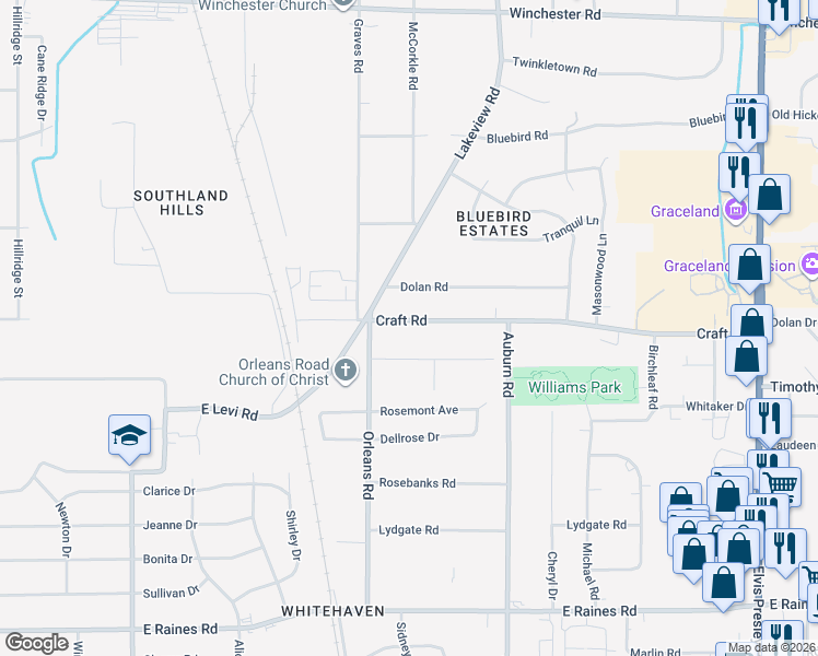 map of restaurants, bars, coffee shops, grocery stores, and more near 749 Craft Road in Memphis