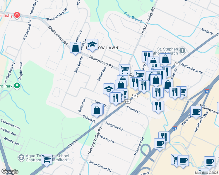 map of restaurants, bars, coffee shops, grocery stores, and more near 2217 Hickory Valley Road in Chattanooga
