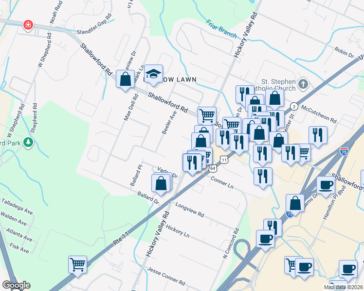 map of restaurants, bars, coffee shops, grocery stores, and more near 2217 Hickory Valley Road in Chattanooga