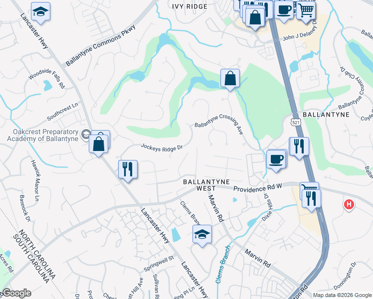 map of restaurants, bars, coffee shops, grocery stores, and more near 15010 Annan Court in Charlotte