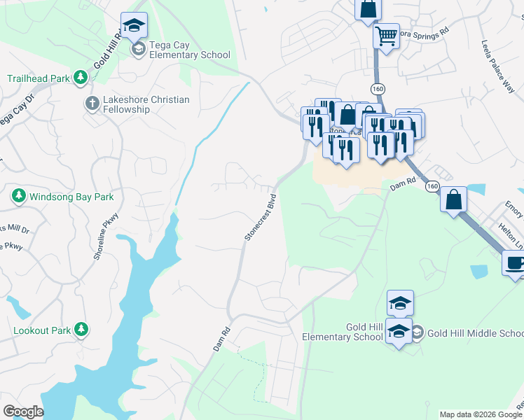 map of restaurants, bars, coffee shops, grocery stores, and more near in Tega Cay