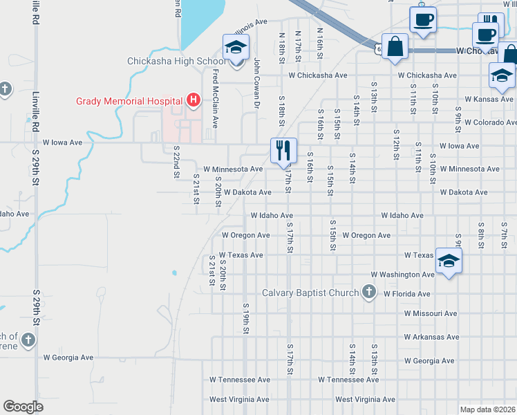 map of restaurants, bars, coffee shops, grocery stores, and more near 618 South 18th Street in Chickasha
