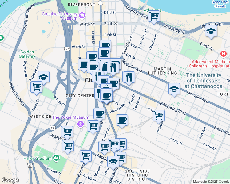 map of restaurants, bars, coffee shops, grocery stores, and more near 919 Lindsay Street in Chattanooga