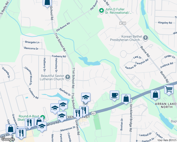 map of restaurants, bars, coffee shops, grocery stores, and more near 1416 Burford Court in Fayetteville