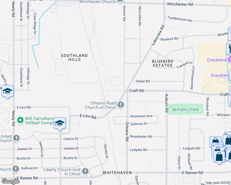 map of restaurants, bars, coffee shops, grocery stores, and more near 663 Craft Road in Memphis