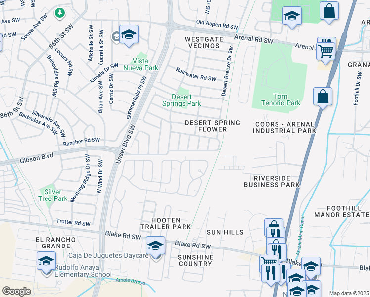 map of restaurants, bars, coffee shops, grocery stores, and more near 2419 Cosmos Drive Southwest in Albuquerque