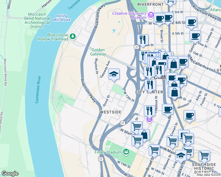 map of restaurants, bars, coffee shops, grocery stores, and more near 1215 Grove Street in Chattanooga