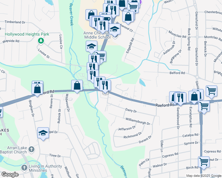 map of restaurants, bars, coffee shops, grocery stores, and more near 5422 Raeford Road in Fayetteville