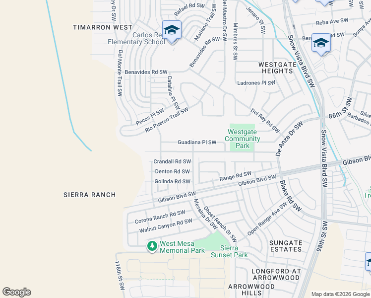 map of restaurants, bars, coffee shops, grocery stores, and more near 10609 Cartagena Avenue Southwest in Albuquerque