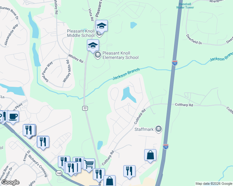map of restaurants, bars, coffee shops, grocery stores, and more near 5345 Meadowcroft Way in Fort Mill