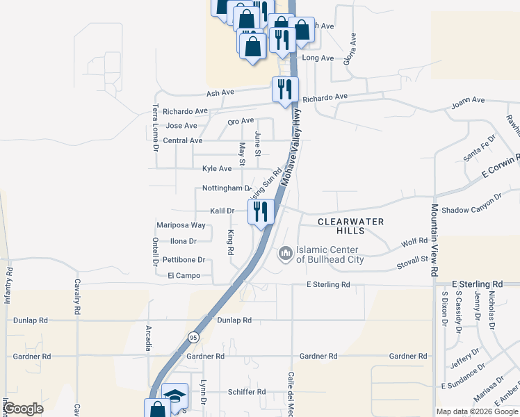 map of restaurants, bars, coffee shops, grocery stores, and more near 3860 Rising Sun Road in Bullhead City