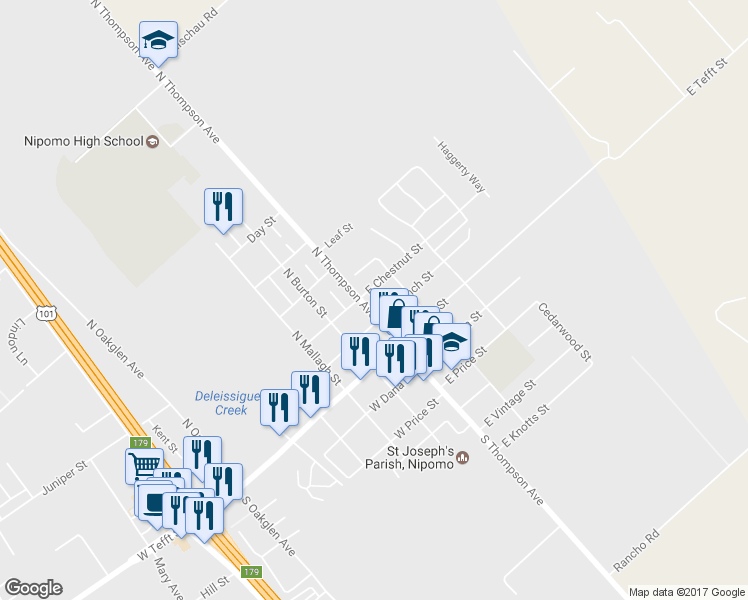 map of restaurants, bars, coffee shops, grocery stores, and more near 186 North Thompson Avenue in Nipomo