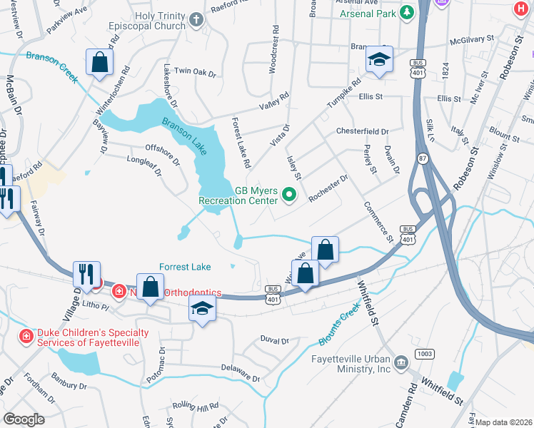 map of restaurants, bars, coffee shops, grocery stores, and more near 1528 Pierce Street in Fayetteville