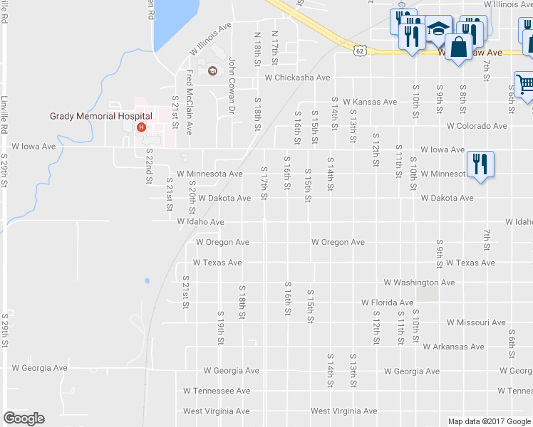 map of restaurants, bars, coffee shops, grocery stores, and more near 625 South 17th Street in Chickasha