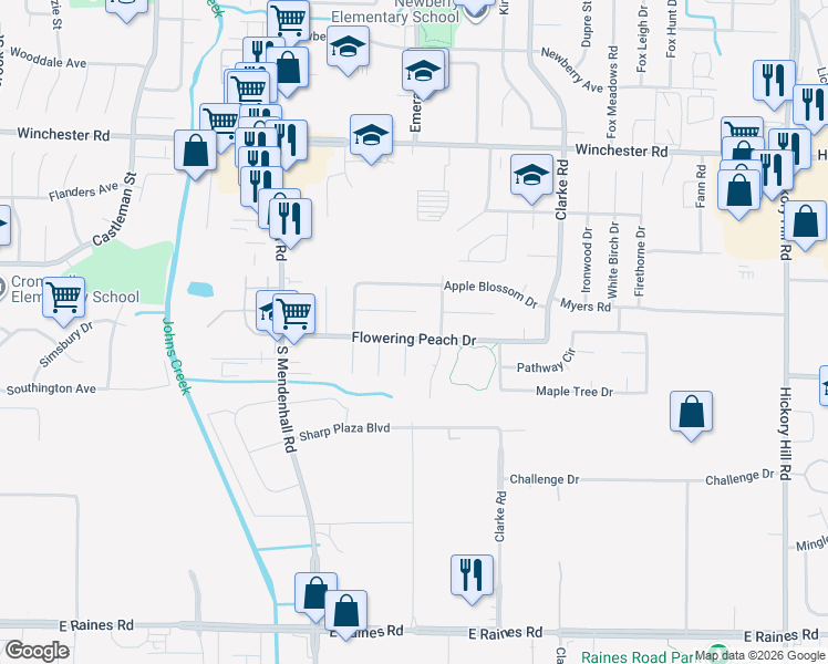 map of restaurants, bars, coffee shops, grocery stores, and more near 5456 Flowering Peach Drive in Memphis