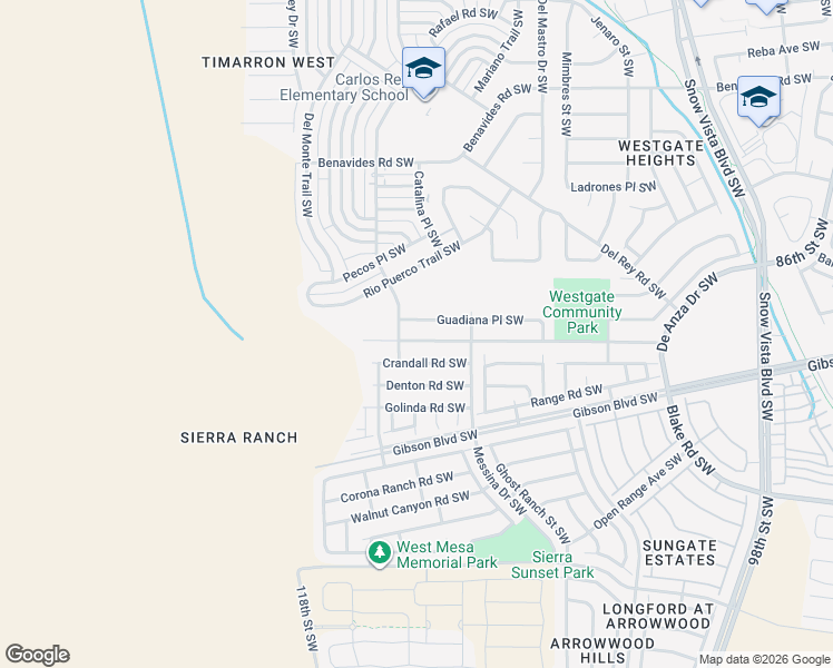 map of restaurants, bars, coffee shops, grocery stores, and more near 10805 Cartagena Avenue Southwest in Albuquerque