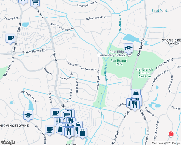 map of restaurants, bars, coffee shops, grocery stores, and more near 8723 Totteridge Drive in Charlotte