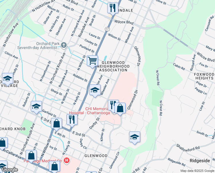 map of restaurants, bars, coffee shops, grocery stores, and more near 854 Wheeler Avenue in Chattanooga