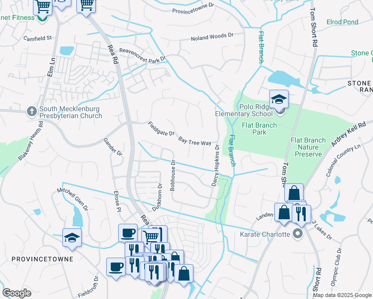map of restaurants, bars, coffee shops, grocery stores, and more near 8721 Parkchester Drive in Charlotte