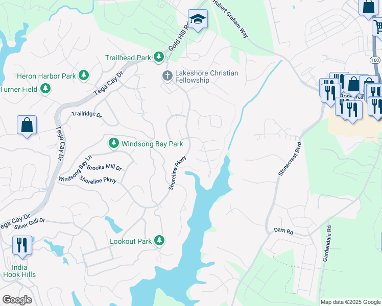 map of restaurants, bars, coffee shops, grocery stores, and more near 199 Shoreline Parkway in Tega Cay