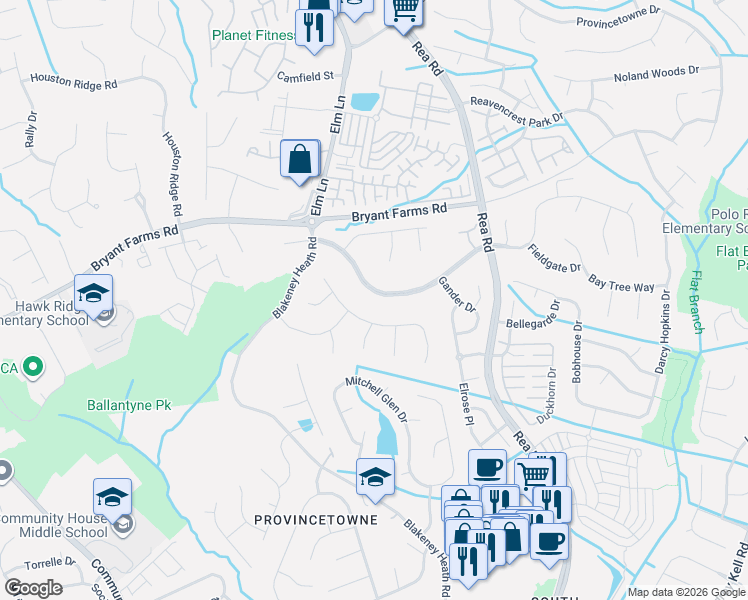 map of restaurants, bars, coffee shops, grocery stores, and more near 11832 Parks Farm Lane in Charlotte