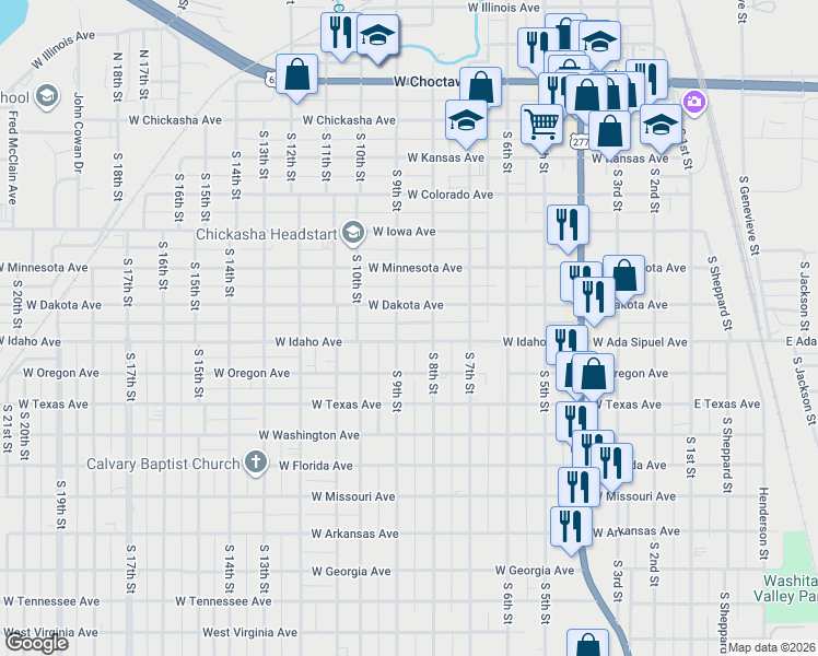 map of restaurants, bars, coffee shops, grocery stores, and more near 625 South 9th Street in Chickasha