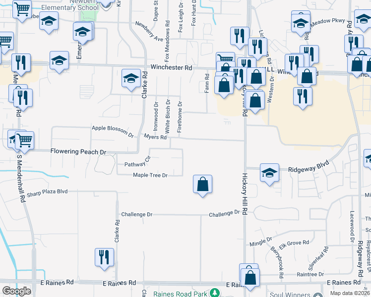 map of restaurants, bars, coffee shops, grocery stores, and more near 5779 Myers Road in Memphis