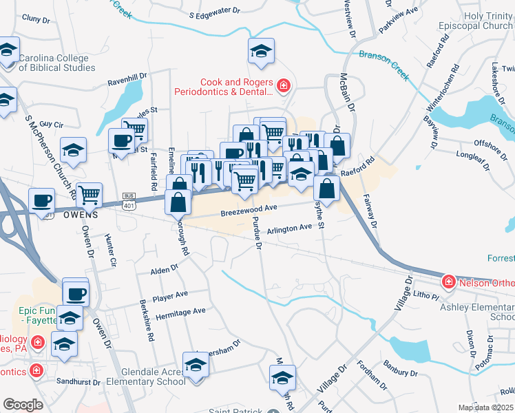 map of restaurants, bars, coffee shops, grocery stores, and more near 2822 Breezewood Avenue in Fayetteville