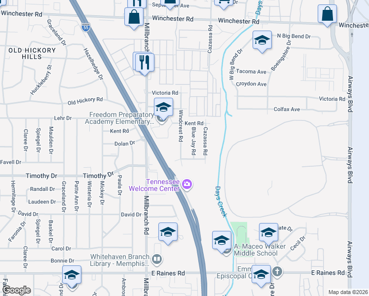 map of restaurants, bars, coffee shops, grocery stores, and more near 3822 Windcrest Rd in Memphis