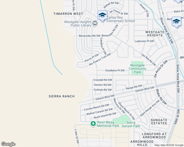 map of restaurants, bars, coffee shops, grocery stores, and more near 10913 Cartagena Avenue Southwest in Albuquerque