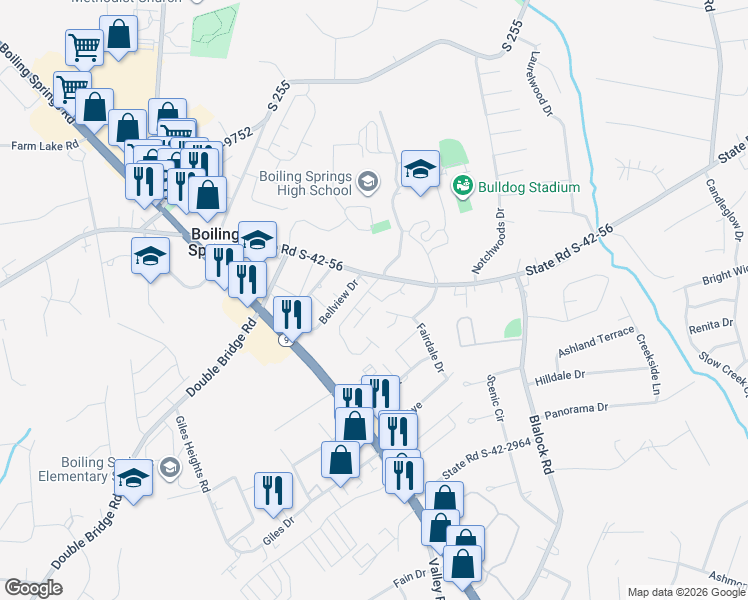 map of restaurants, bars, coffee shops, grocery stores, and more near 103 Imperial Gardens Drive in Boiling Springs