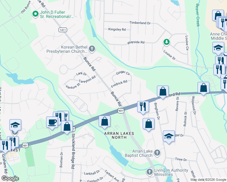 map of restaurants, bars, coffee shops, grocery stores, and more near 1115 Bunce Road in Fayetteville