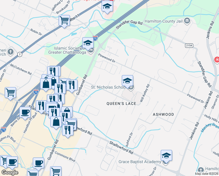 map of restaurants, bars, coffee shops, grocery stores, and more near 7433 Min Tom Road in Chattanooga