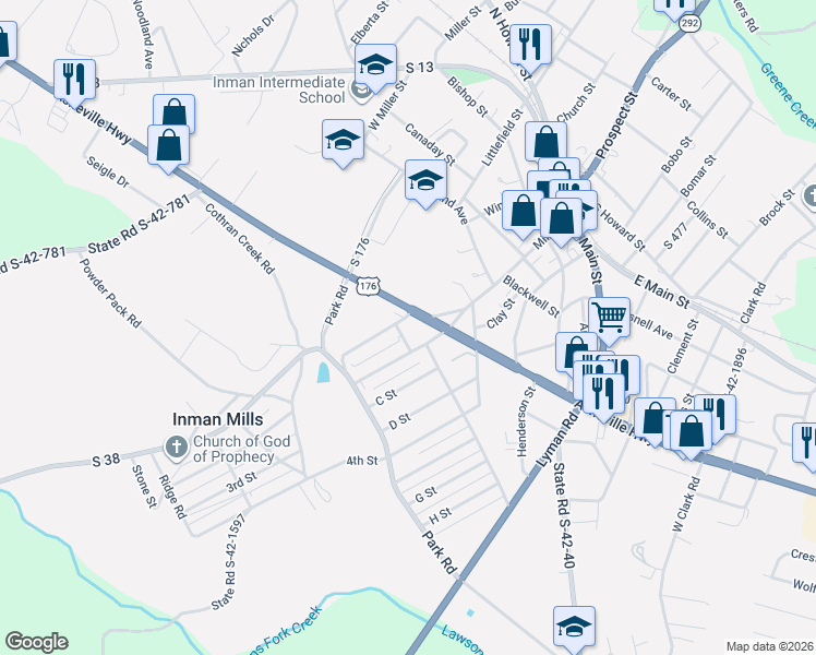 map of restaurants, bars, coffee shops, grocery stores, and more near 18 A Street in Inman