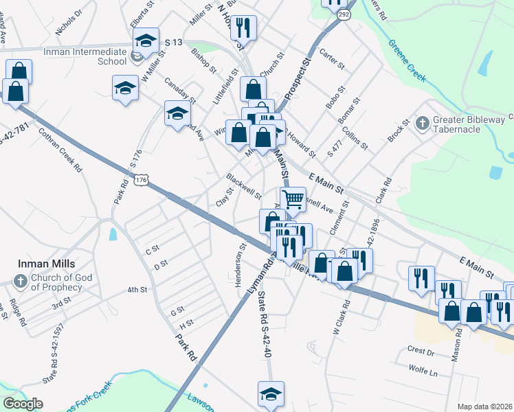 map of restaurants, bars, coffee shops, grocery stores, and more near 28 Blackstock Road in Inman