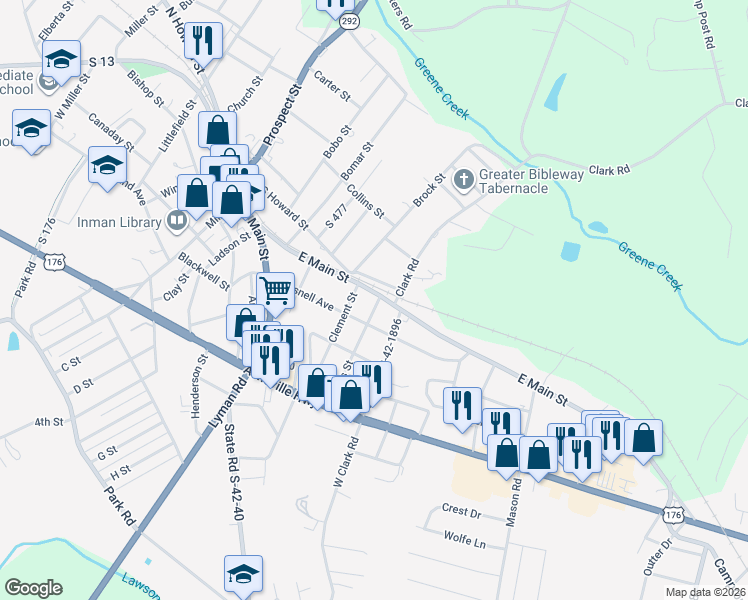 map of restaurants, bars, coffee shops, grocery stores, and more near 48 East Main Street in Inman