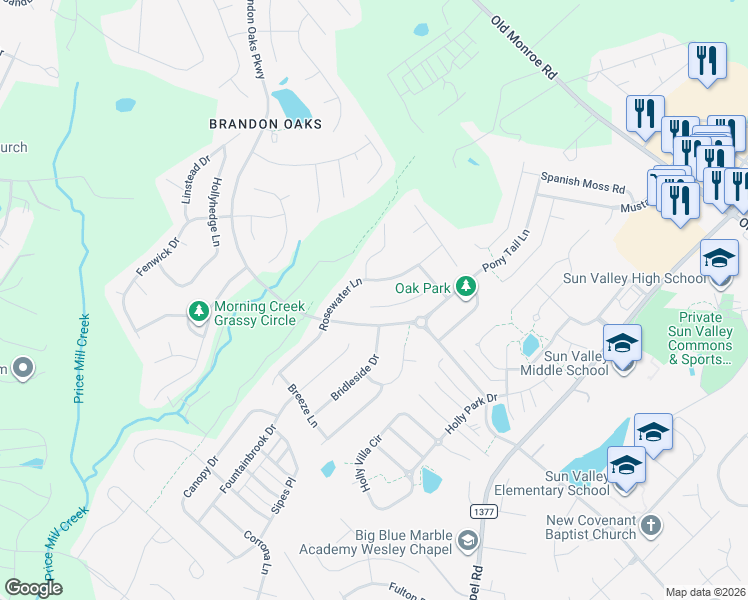 map of restaurants, bars, coffee shops, grocery stores, and more near 1120 Cooper Lane in Indian Trail