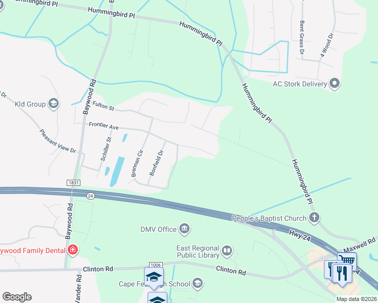 map of restaurants, bars, coffee shops, grocery stores, and more near 4320 Frontier Avenue in Fayetteville