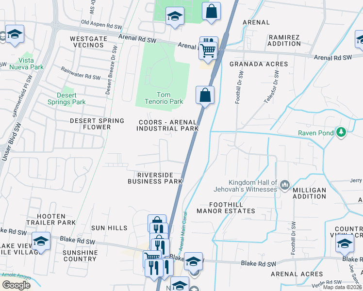 map of restaurants, bars, coffee shops, grocery stores, and more near 169 Sena Street Southwest in Albuquerque