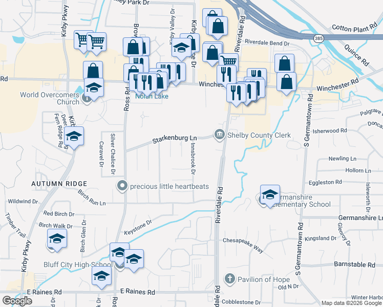map of restaurants, bars, coffee shops, grocery stores, and more near 3823 Innsbrook Drive in Memphis
