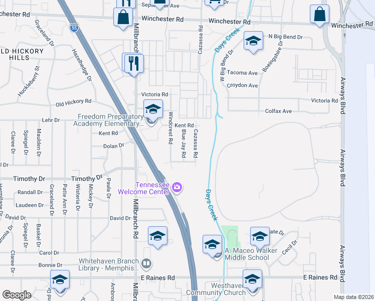 map of restaurants, bars, coffee shops, grocery stores, and more near 3822 Blue Jay Road in Memphis