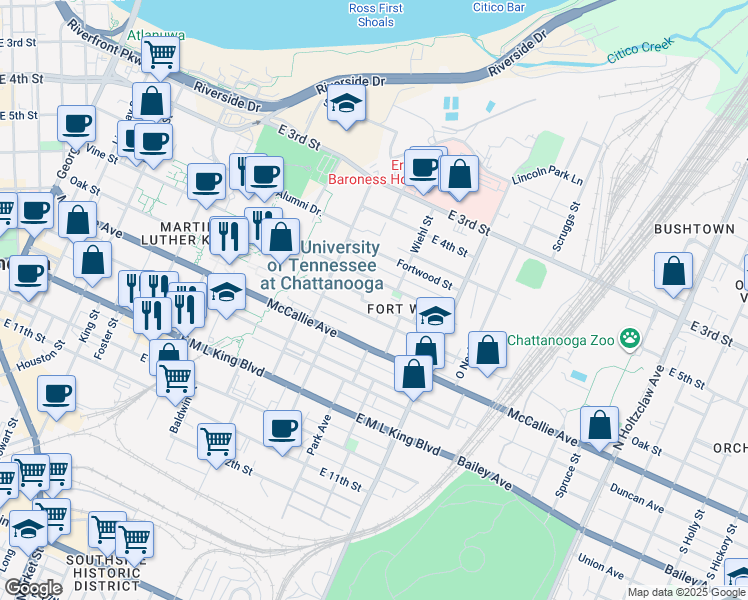 map of restaurants, bars, coffee shops, grocery stores, and more near 837 Clark Street in Chattanooga