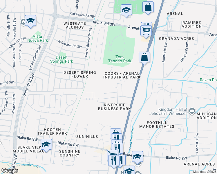 map of restaurants, bars, coffee shops, grocery stores, and more near 52 George Street Southwest in Albuquerque